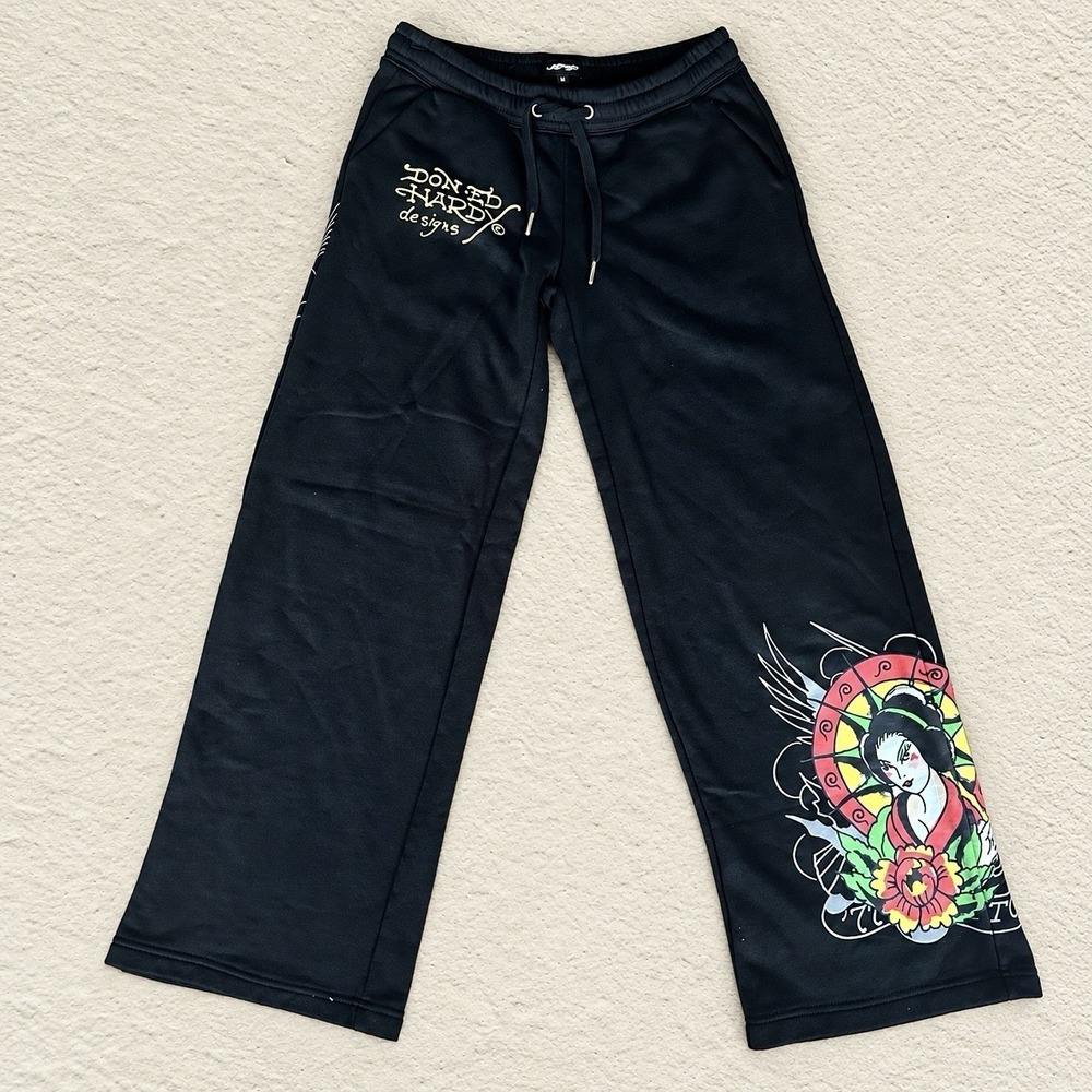 Ed Hardy Lady Flower Sweatpants EHW8200-70 Sz Medium Wide Leg Pants Black